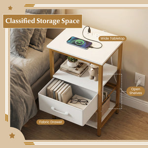 Nightstand with Charging Station and Adjustable Fabric Drawer for Bedroom and Living Room-1 Piece