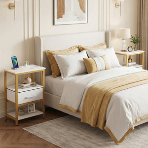 Nightstand with Charging Station and Adjustable Fabric Drawer for Bedroom and Living Room-Set of 2