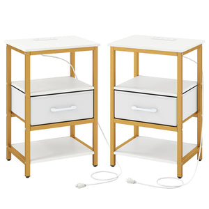 Nightstand with Charging Station and Adjustable Fabric Drawer for Bedroom and Living Room-Set of 2