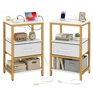Nightstand with Charging Station and Adjustable Fabric Drawer for Bedroom and Living Room-Set of 2