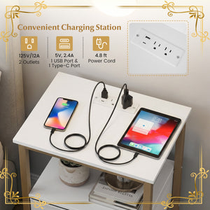 Nightstand with Charging Station and Adjustable Fabric Drawer for Bedroom and Living Room-Set of 2