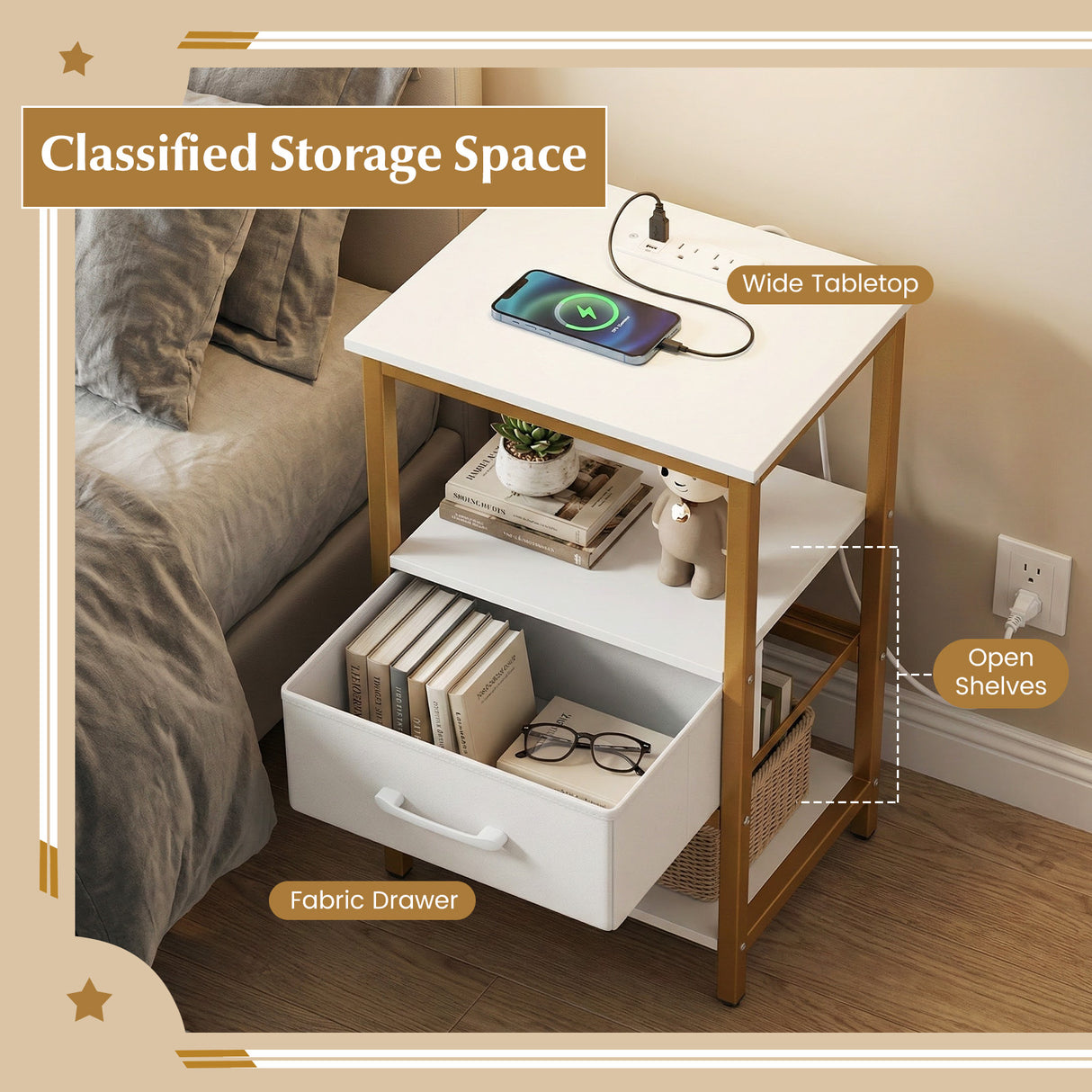 Nightstand with Charging Station and Adjustable Fabric Drawer for Bedroom and Living Room-Set of 2