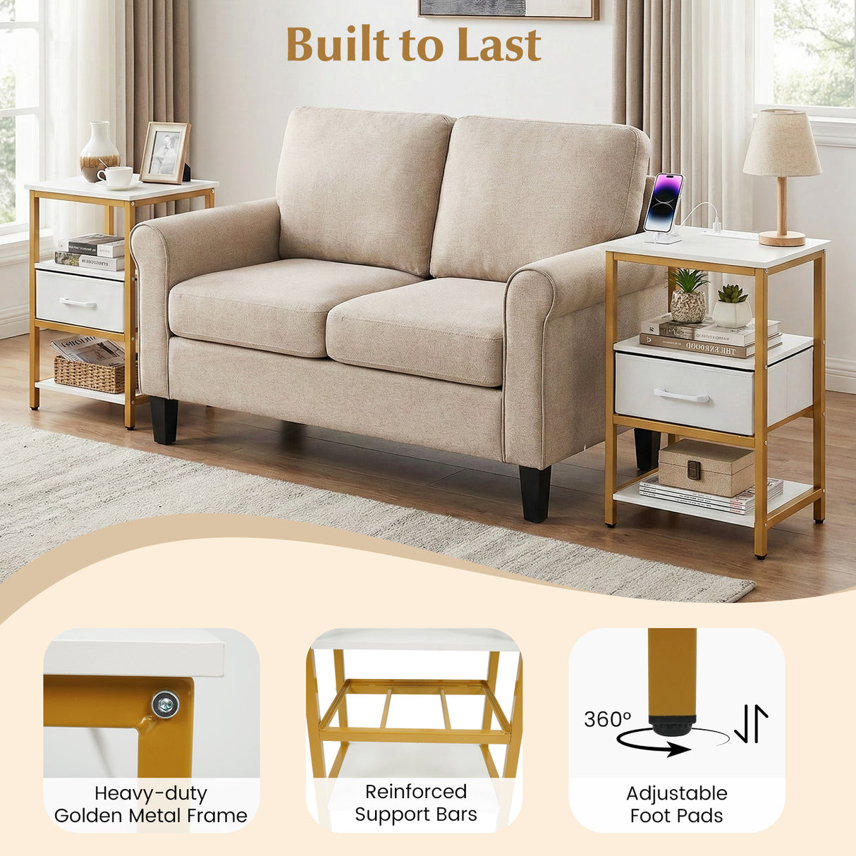 Nightstand with Charging Station and Adjustable Fabric Drawer for Bedroom and Living Room-Set of 2