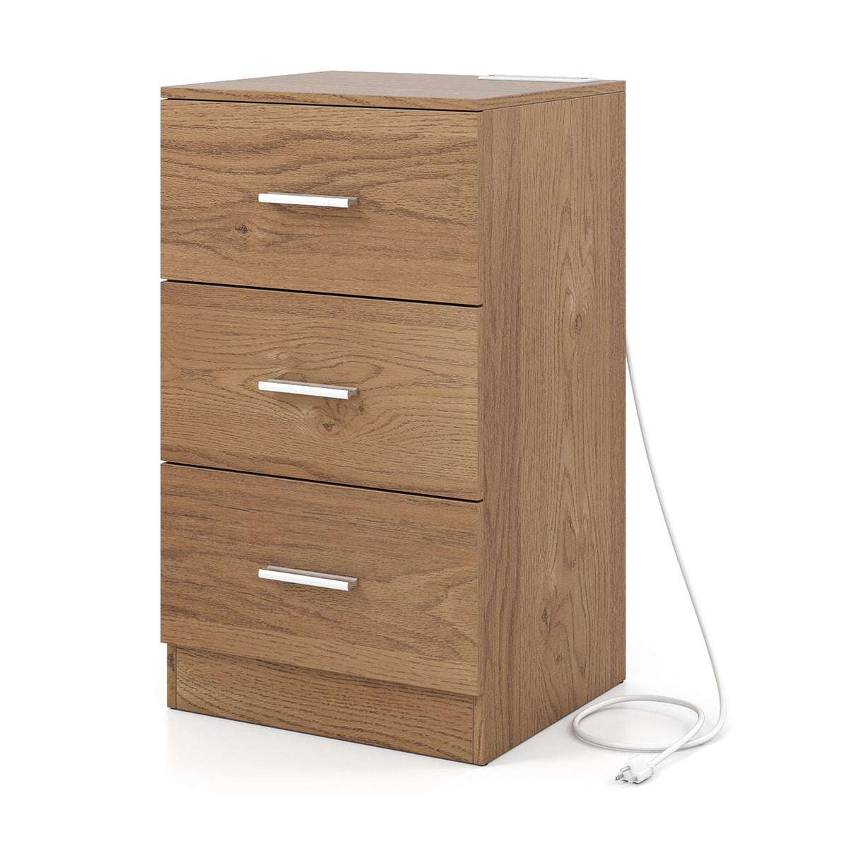 Nightstand with Charging Station End Table with 3 Storage Drawers Bedside Table for Bedroom-Natural