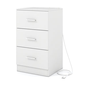 Nightstand with Charging Station End Table with 3 Storage Drawers Bedside Table for Bedroom-White