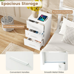 Nightstand with Charging Station End Table with 3 Storage Drawers Bedside Table for Bedroom-White
