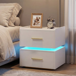 Nightstand with Charging Station LED Bedside Table with 2 Storage Drawers-White