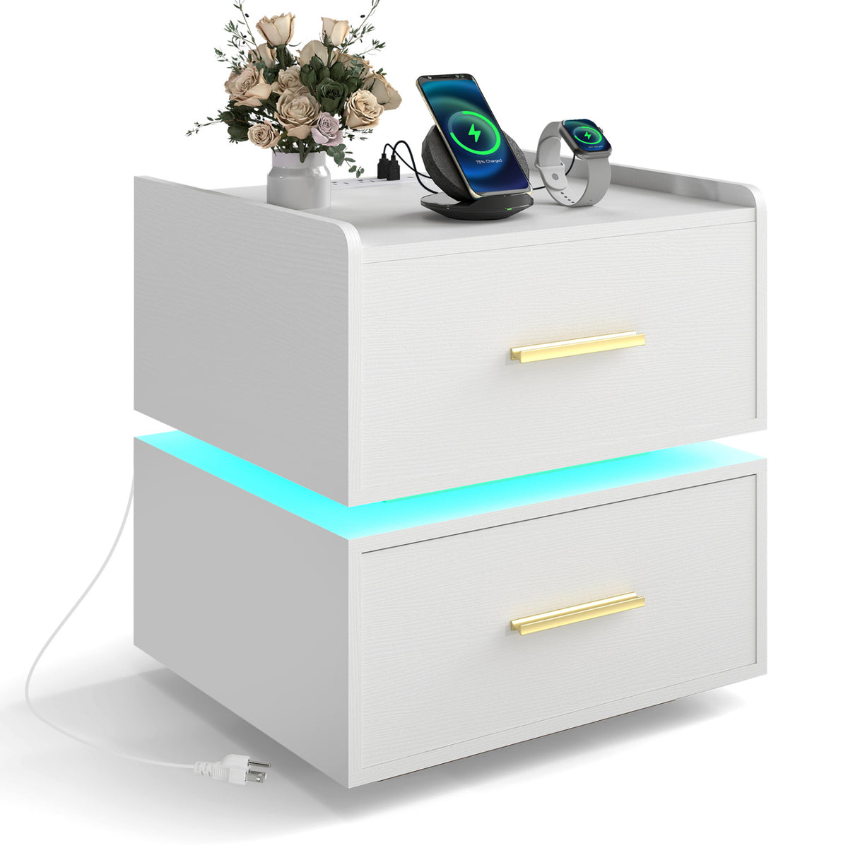 Nightstand with Charging Station LED Bedside Table with 2 Storage Drawers-White