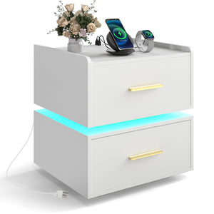 Nightstand with Charging Station LED Bedside Table with 2 Storage Drawers-White