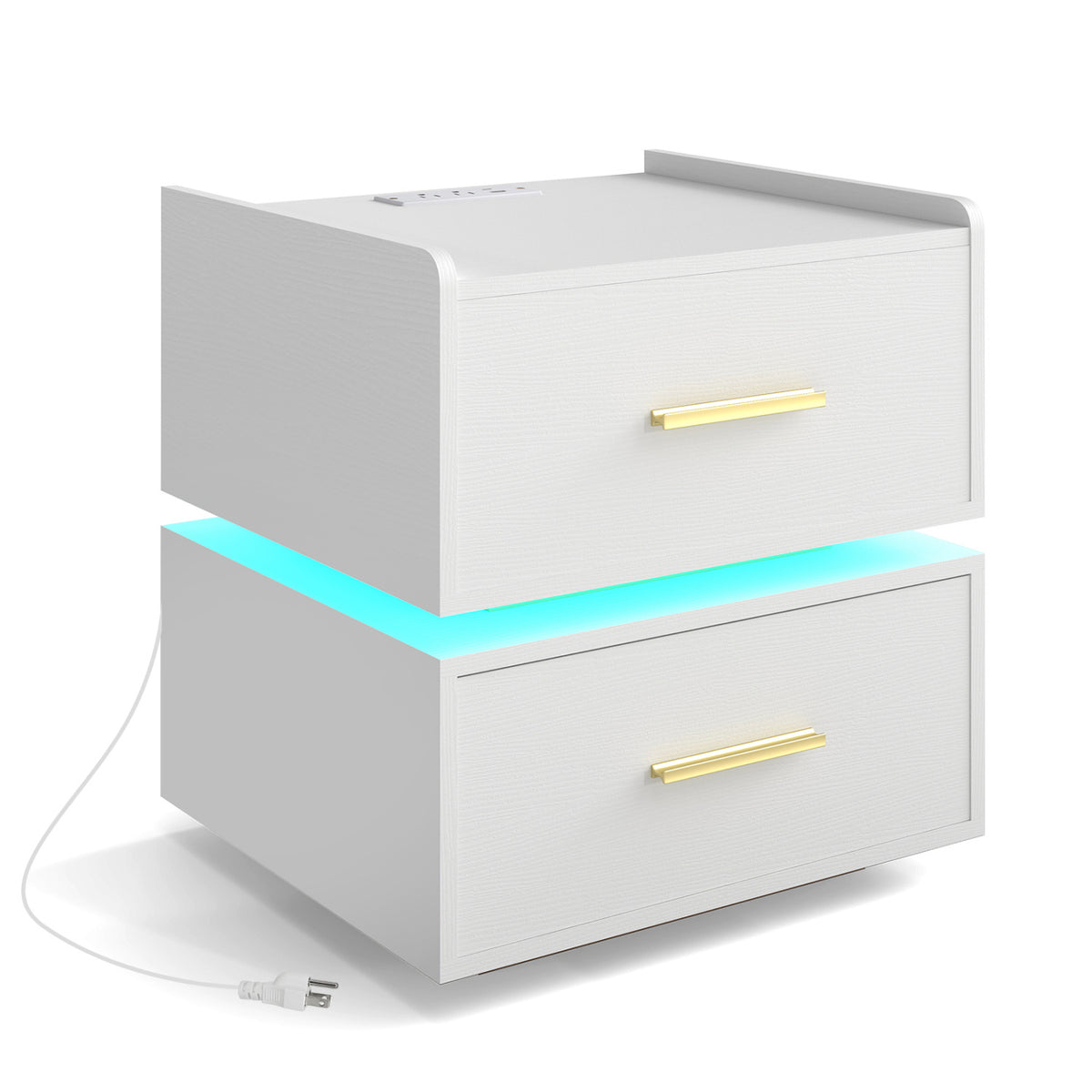 Nightstand with Charging Station LED Bedside Table with 2 Storage Drawers-White