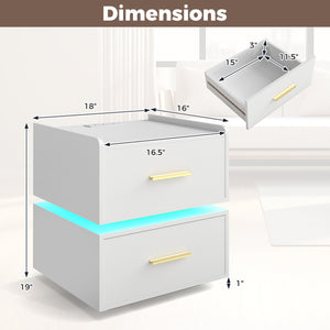 Nightstand with Charging Station LED Bedside Table with 2 Storage Drawers-White