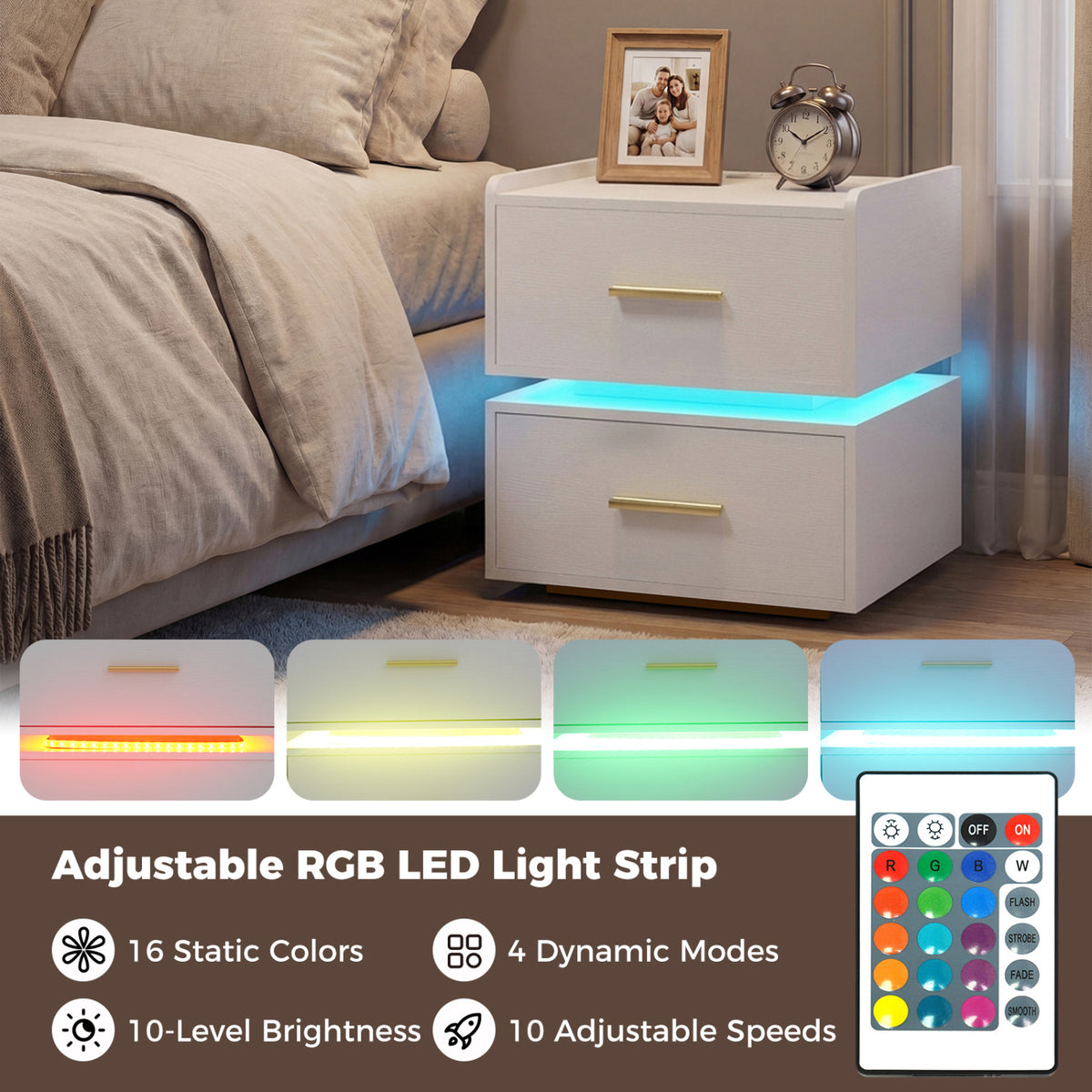 Nightstand with Charging Station LED Bedside Table with 2 Storage Drawers-White