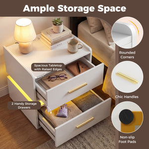 Nightstand with Charging Station LED Bedside Table with 2 Storage Drawers-White