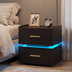 Nightstand with Charging Station LED Bedside Table with 2 Storage Drawers-Black