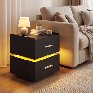 Nightstand with Charging Station LED Bedside Table with 2 Storage Drawers-Black