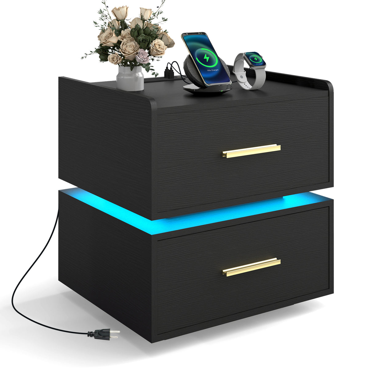 Nightstand with Charging Station LED Bedside Table with 2 Storage Drawers-Black
