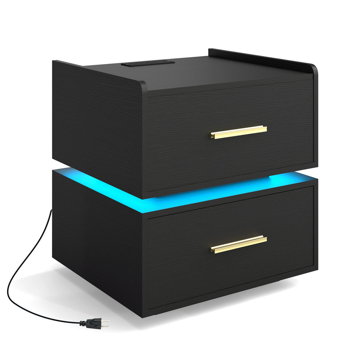 Nightstand with Charging Station LED Bedside Table with 2 Storage Drawers-Black