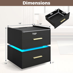 Nightstand with Charging Station LED Bedside Table with 2 Storage Drawers-Black