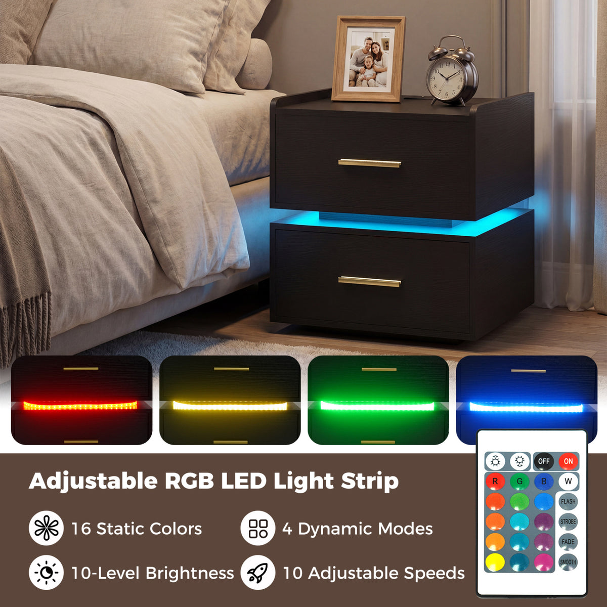 Nightstand with Charging Station LED Bedside Table with 2 Storage Drawers-Black