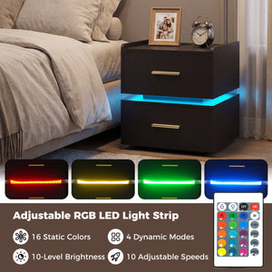 Nightstand with Charging Station LED Bedside Table with 2 Storage Drawers-Black