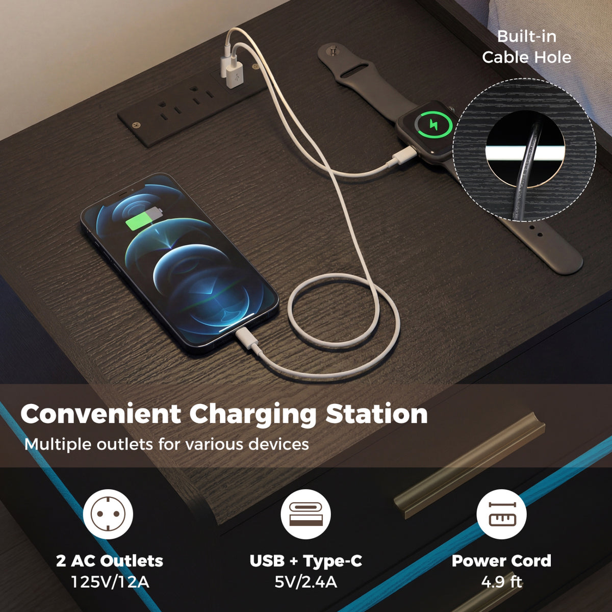 Nightstand with Charging Station LED Bedside Table with 2 Storage Drawers-Black