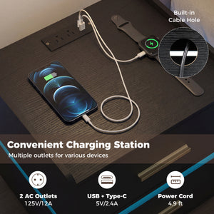 Nightstand with Charging Station LED Bedside Table with 2 Storage Drawers-Black