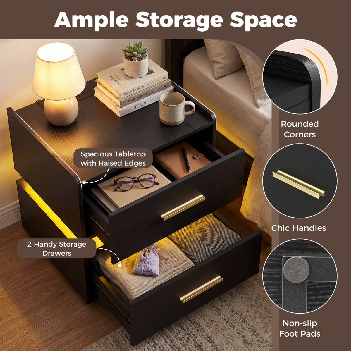 Nightstand with Charging Station LED Bedside Table with 2 Storage Drawers-Black