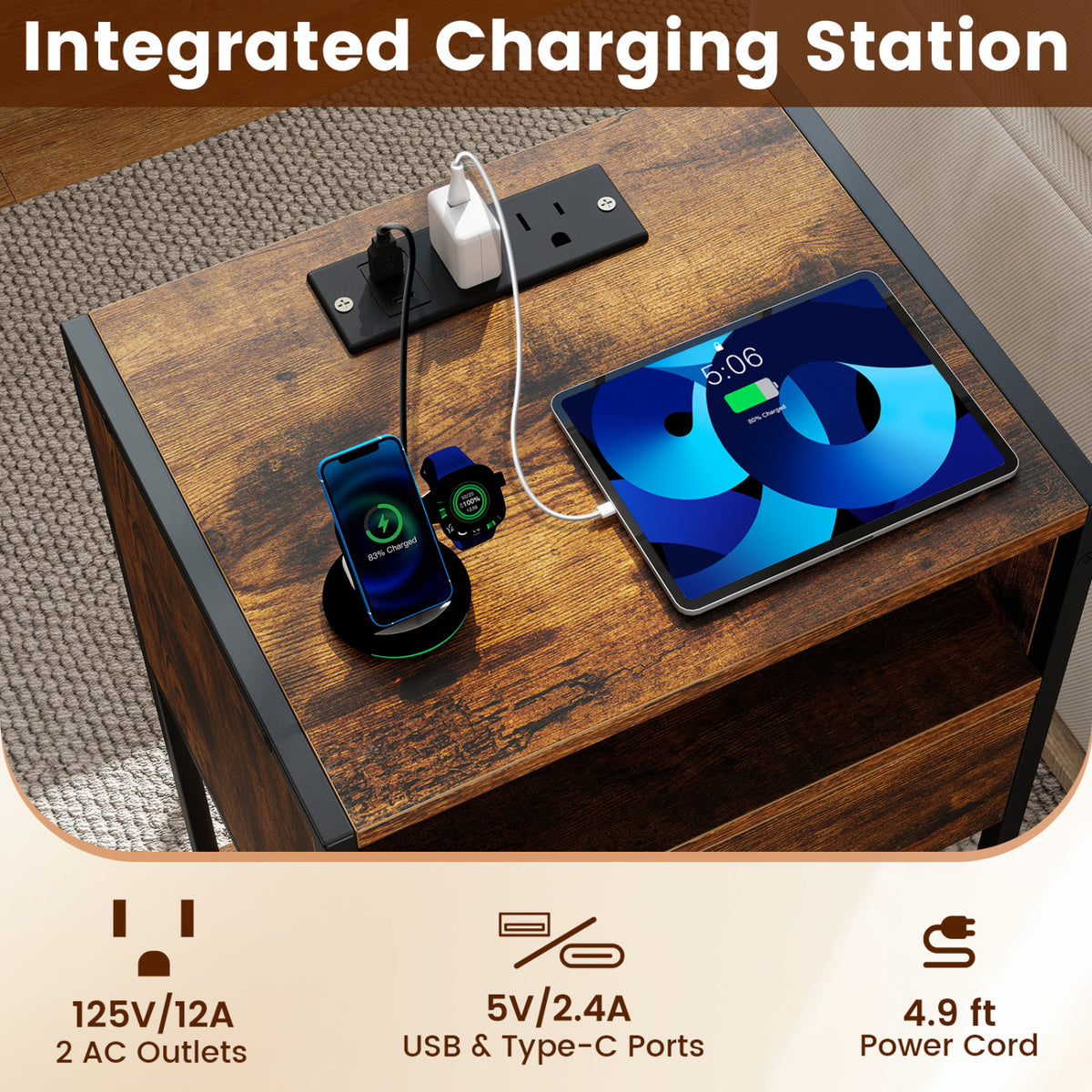 Nightstand with Charging Station Bedside Table with USB Ports and Outlets-Rustic Brown