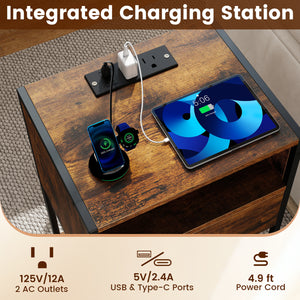 Nightstand with Charging Station Bedside Table with USB Ports and Outlets-Rustic Brown