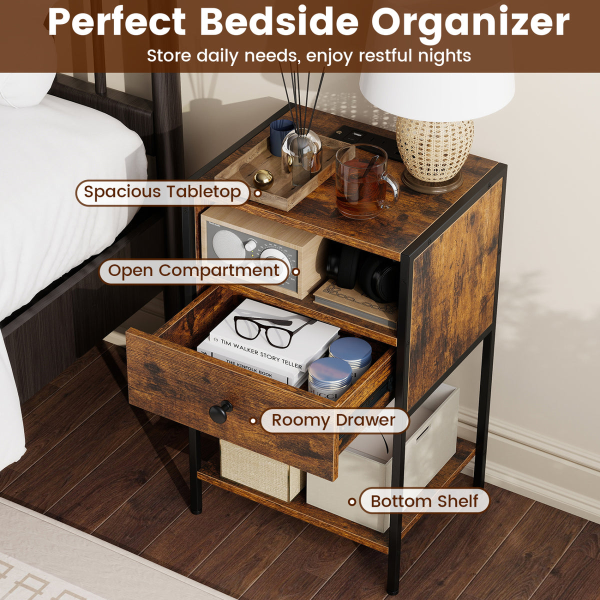 Nightstand with Charging Station Bedside Table with USB Ports and Outlets-Rustic Brown