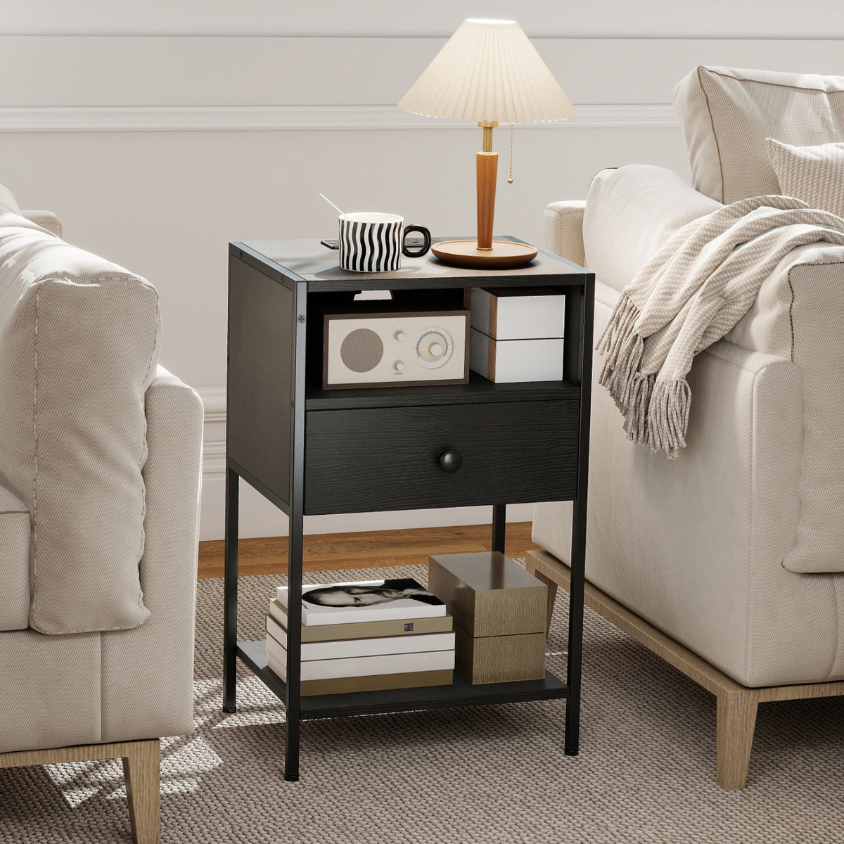 Nightstand with Charging Station Bedside Table with USB Ports and Outlets-Black