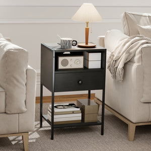 Nightstand with Charging Station Bedside Table with USB Ports and Outlets-Black