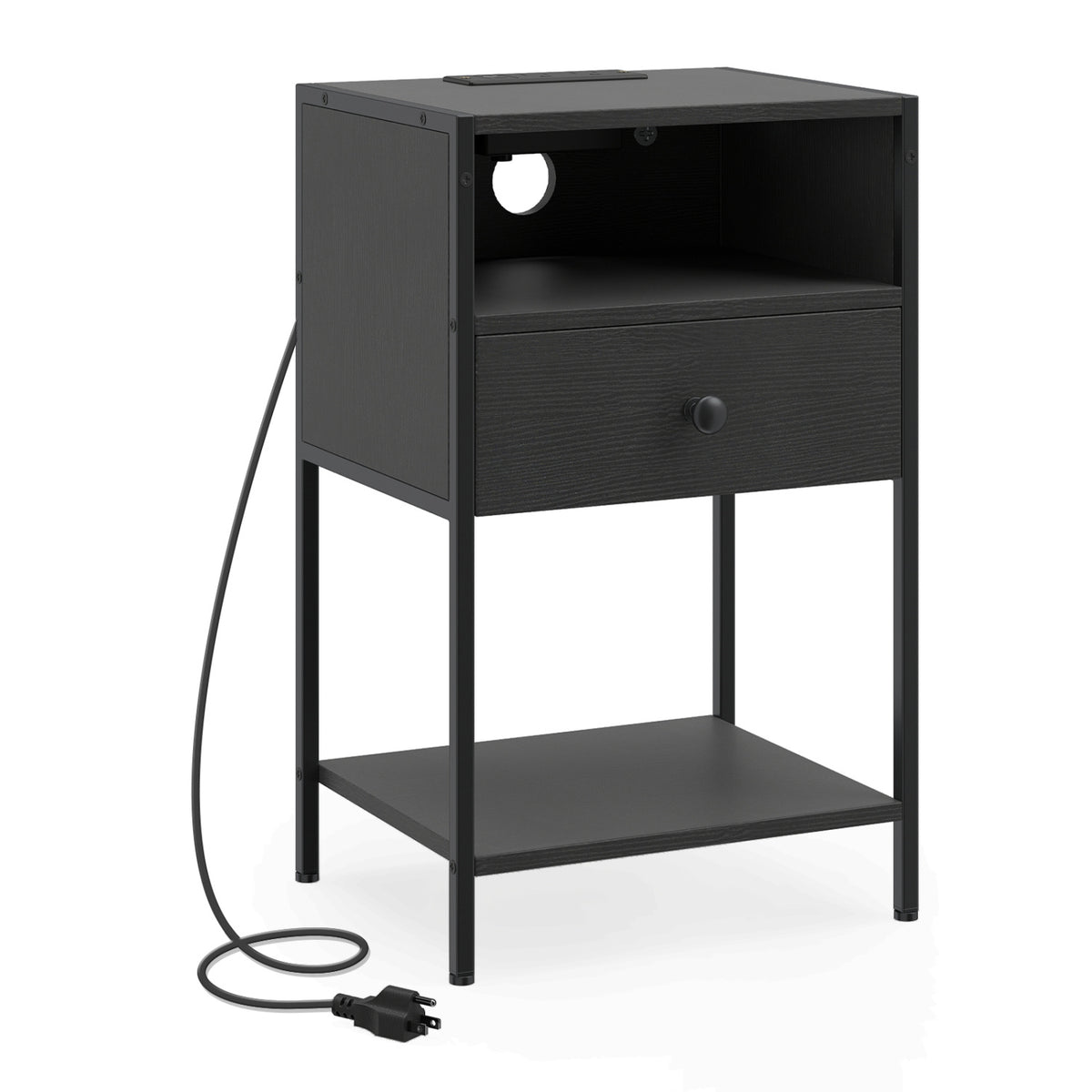 Nightstand with Charging Station Bedside Table with USB Ports and Outlets-Black
