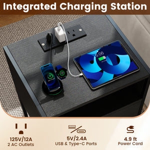 Nightstand with Charging Station Bedside Table with USB Ports and Outlets-Black