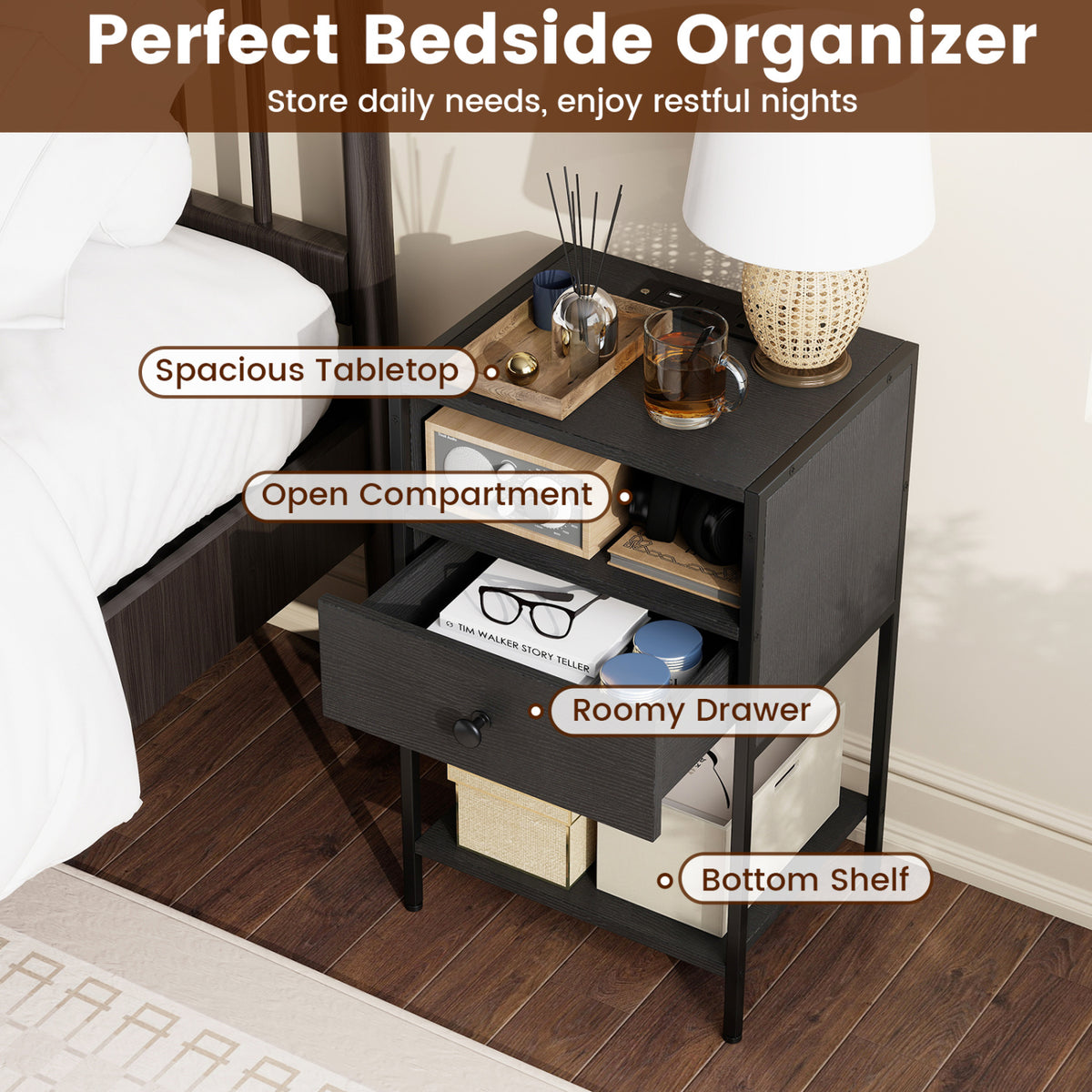 Nightstand with Charging Station Bedside Table with USB Ports and Outlets-Black