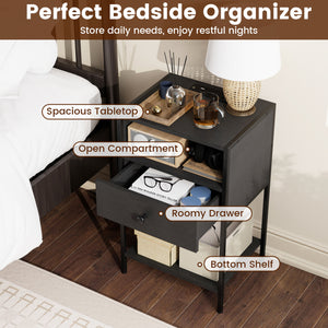 Nightstand with Charging Station Bedside Table with USB Ports and Outlets-Black