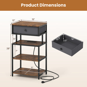 Nightstand with Charging Station 28 Inch Tall Bedside Table with Fabric Drawer-Rustic Brown
