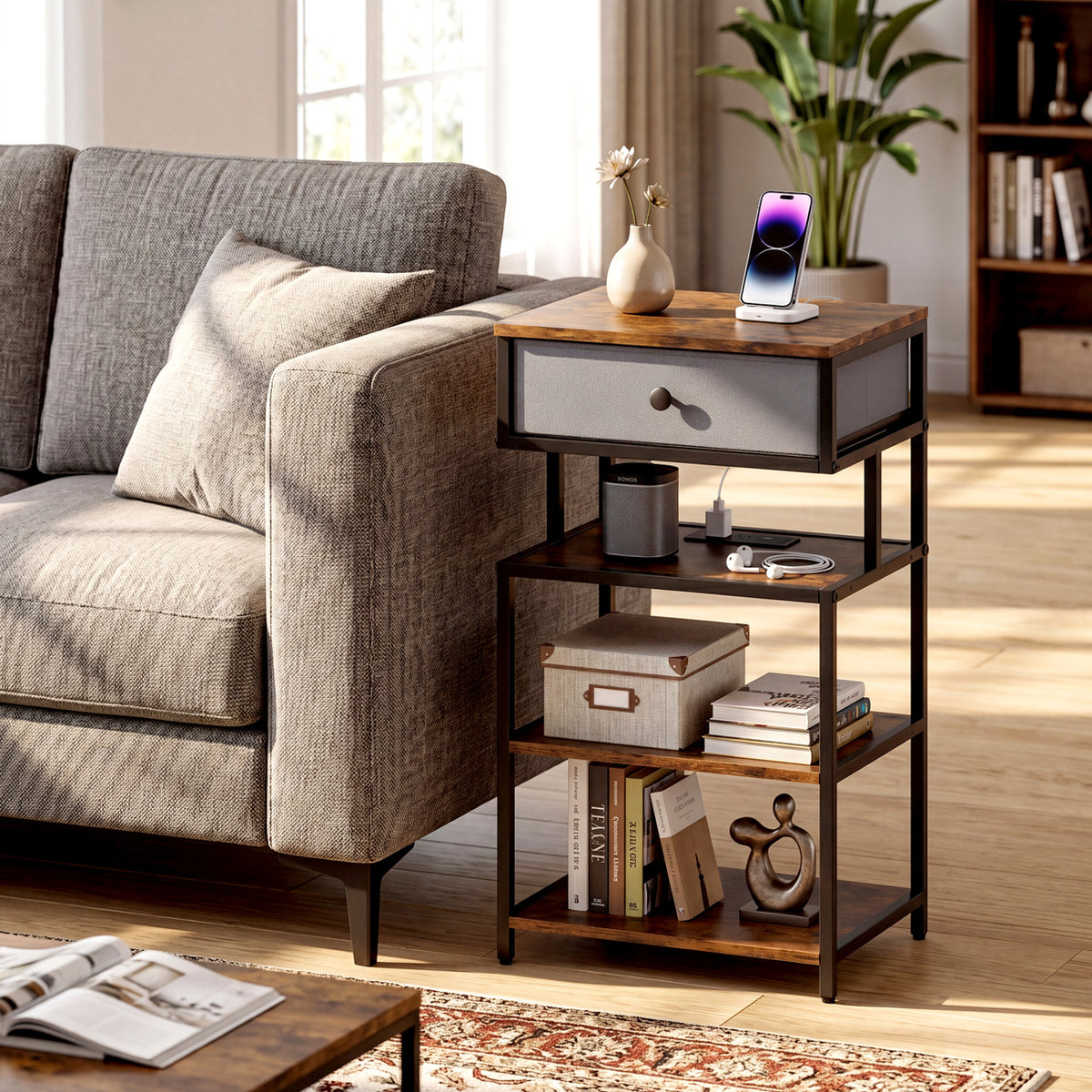 Nightstand with Charging Station 28 Inch Tall Bedside Table with Fabric Drawer-Rustic Brown