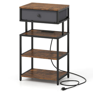 Nightstand with Charging Station 28 Inch Tall Bedside Table with Fabric Drawer-Rustic Brown