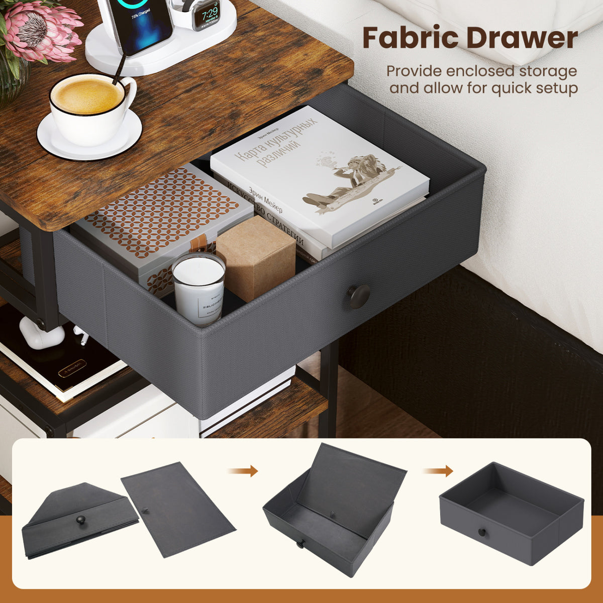 Nightstand with Charging Station 28 Inch Tall Bedside Table with Fabric Drawer-Rustic Brown