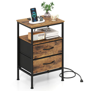 Nightstand with Charging Station 24.5 inch Modern Bedside Table with 2 Fabric Drawers-Rustic Brown