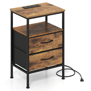 Nightstand with Charging Station 24.5 inch Modern Bedside Table with 2 Fabric Drawers-Rustic Brown