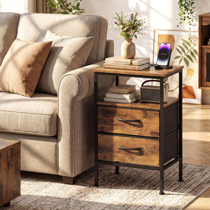 Nightstand with Charging Station 24.5 inch Modern Bedside Table with 2 Fabric Drawers-Rustic Brown