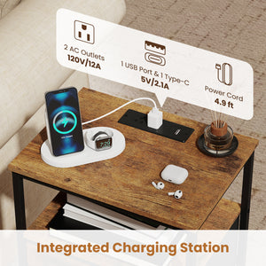 Nightstand with Charging Station 24.5 inch Modern Bedside Table with 2 Fabric Drawers-Rustic Brown