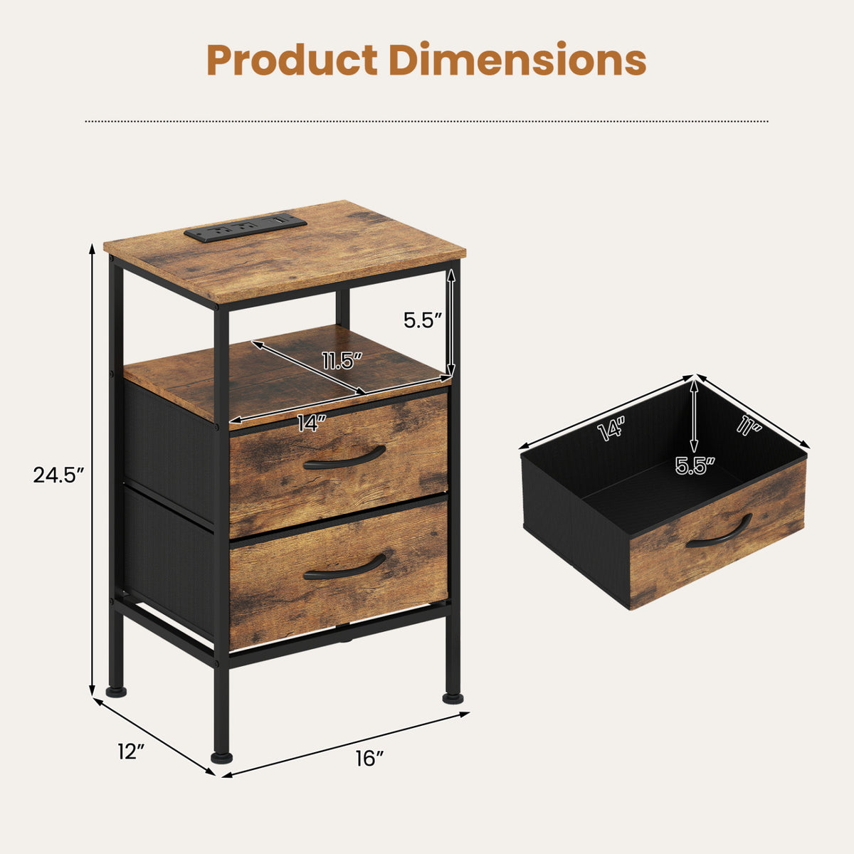 Nightstand with Charging Station 24.5 inch Modern Bedside Table with 2 Fabric Drawers-Rustic Brown