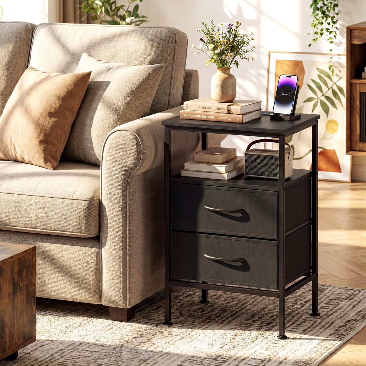 Nightstand with Charging Station 24.5 inch Modern Bedside Table with 2 Fabric Drawers-Black
