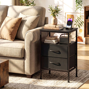 Nightstand with Charging Station 24.5 inch Modern Bedside Table with 2 Fabric Drawers-Black