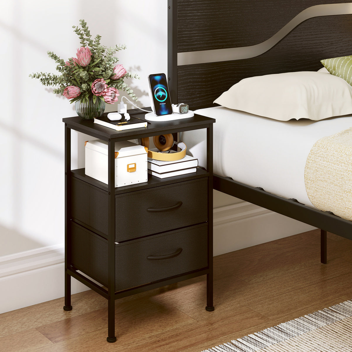 Nightstand with Charging Station 24.5 inch Modern Bedside Table with 2 Fabric Drawers-Black