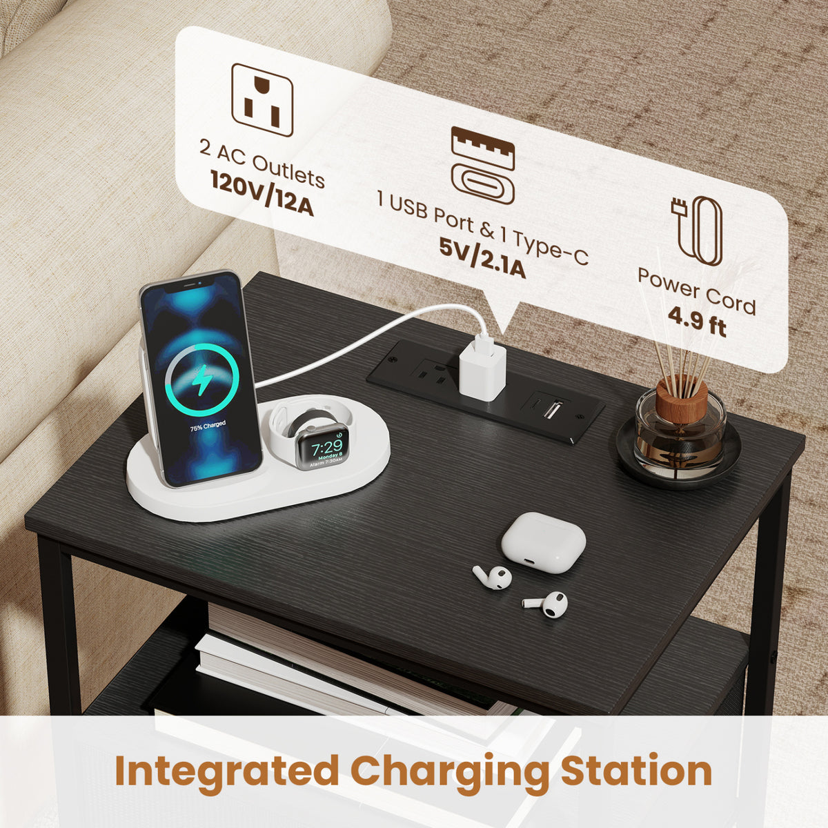 Nightstand with Charging Station 24.5 inch Modern Bedside Table with 2 Fabric Drawers-Black