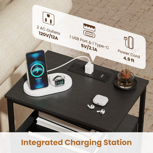 Nightstand with Charging Station 24.5 inch Modern Bedside Table with 2 Fabric Drawers-Black